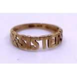 9ct Yellow Gold "SISTER" ring. This Sister ring has leaf decoration either side of the word "
