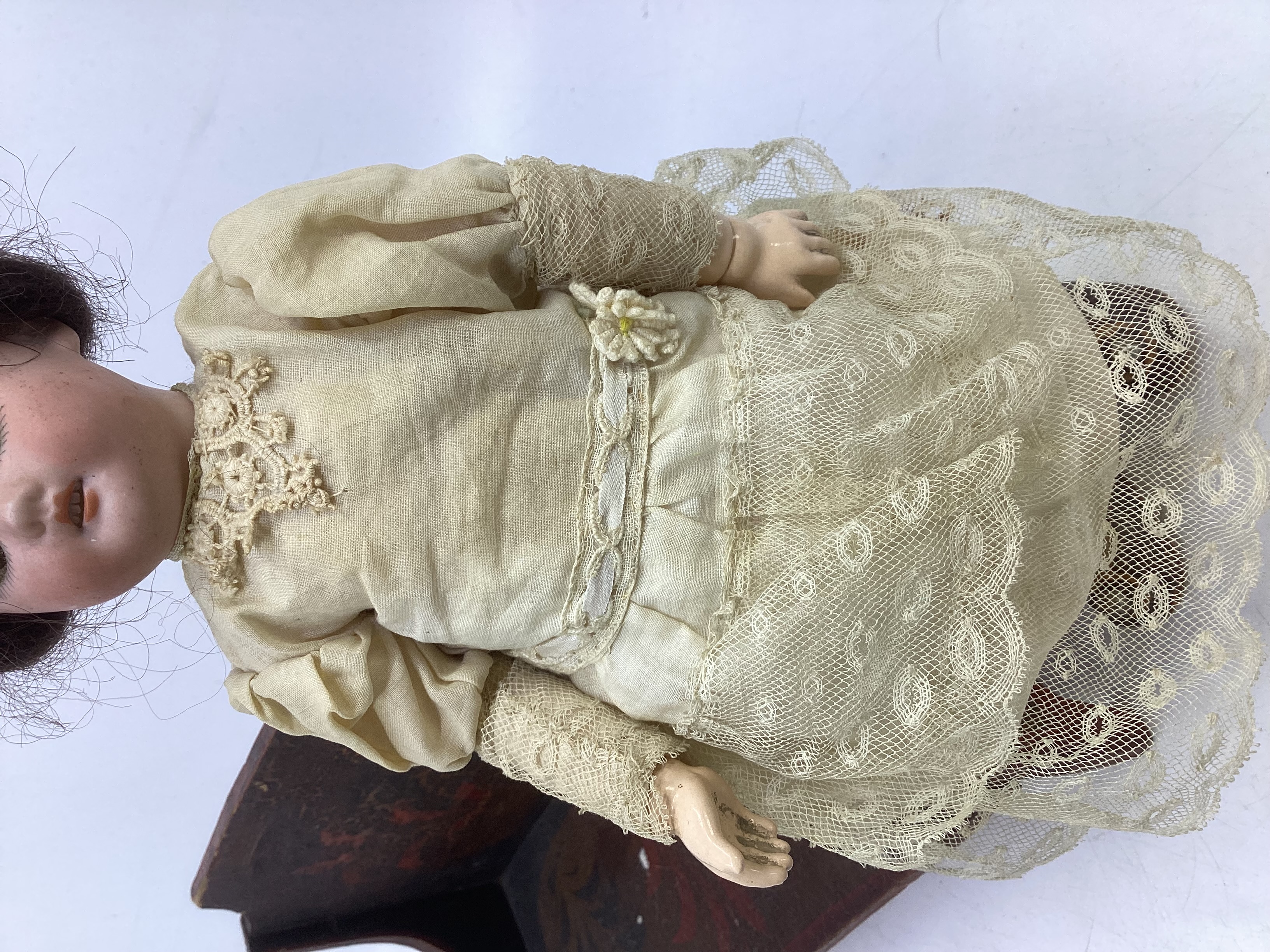 Antique German miniature 9” bisque head fully articulated doll with fixed glass eyes in antique - Image 3 of 4