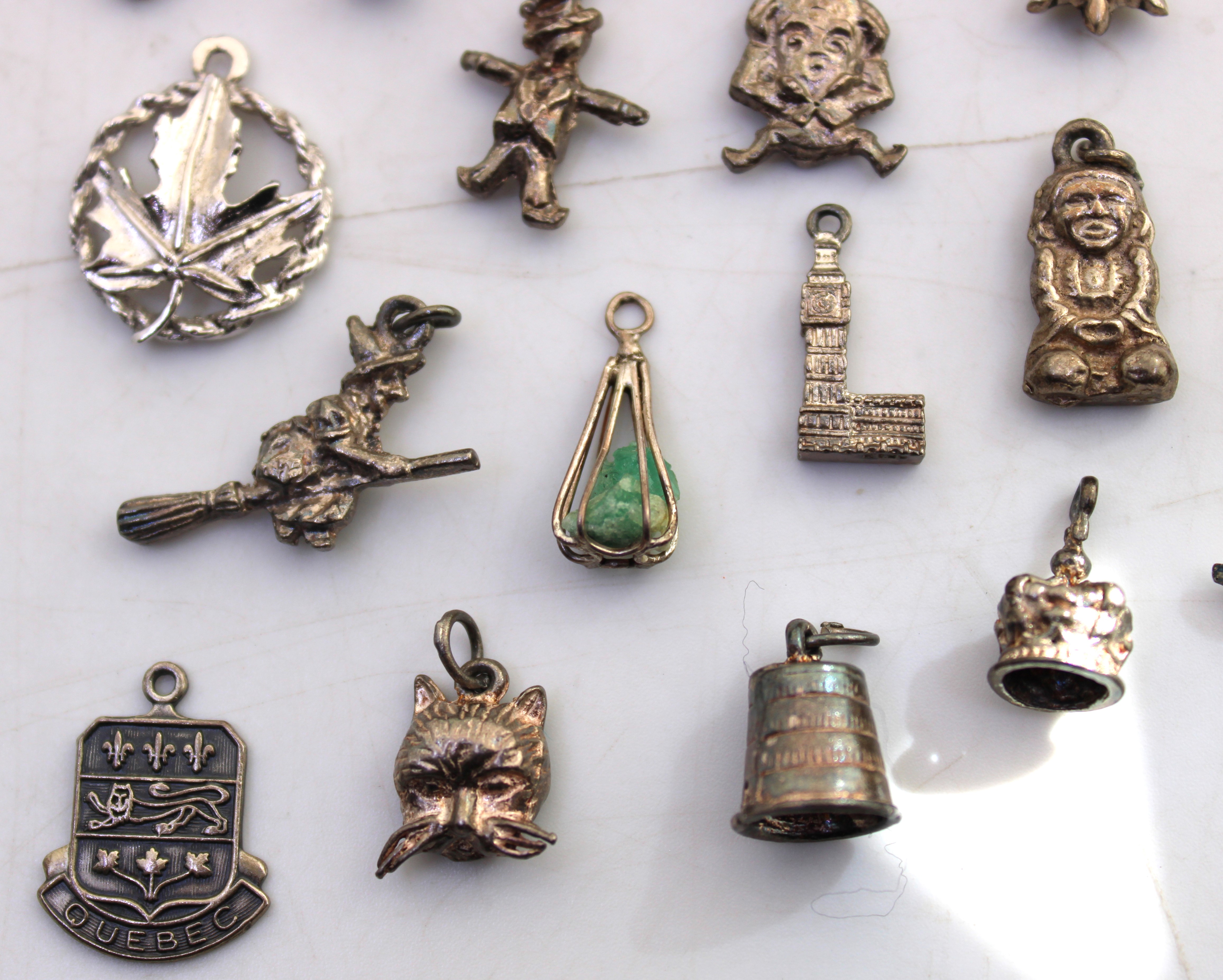 Selection of Sterling Silver and Unmarked White Metal Charms. To include a Genie Lamp, Witch on a - Image 5 of 5