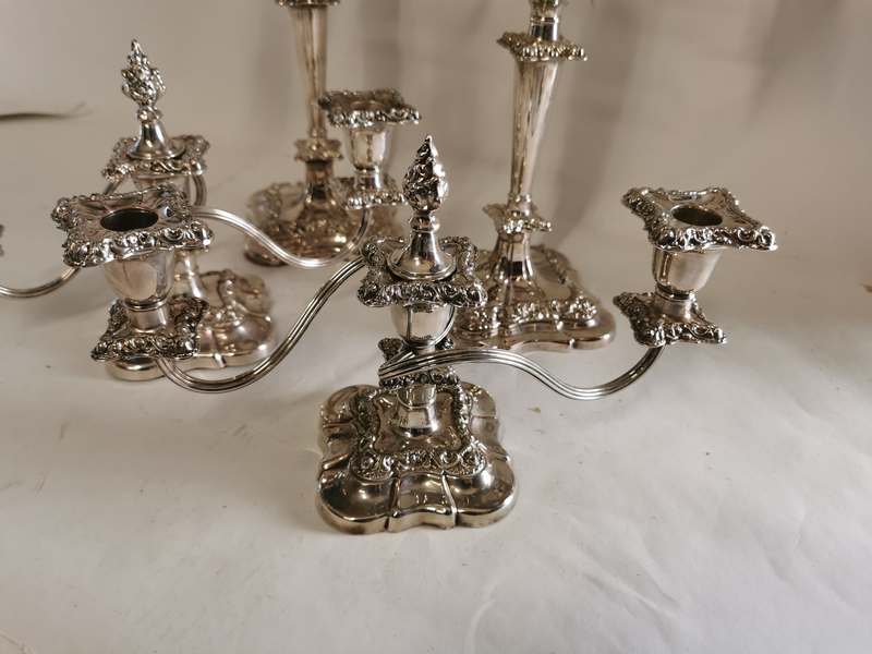 A pair of two branch Sheffield plated candelabra, approximately 14'' high. Together with a shorter - Image 2 of 3