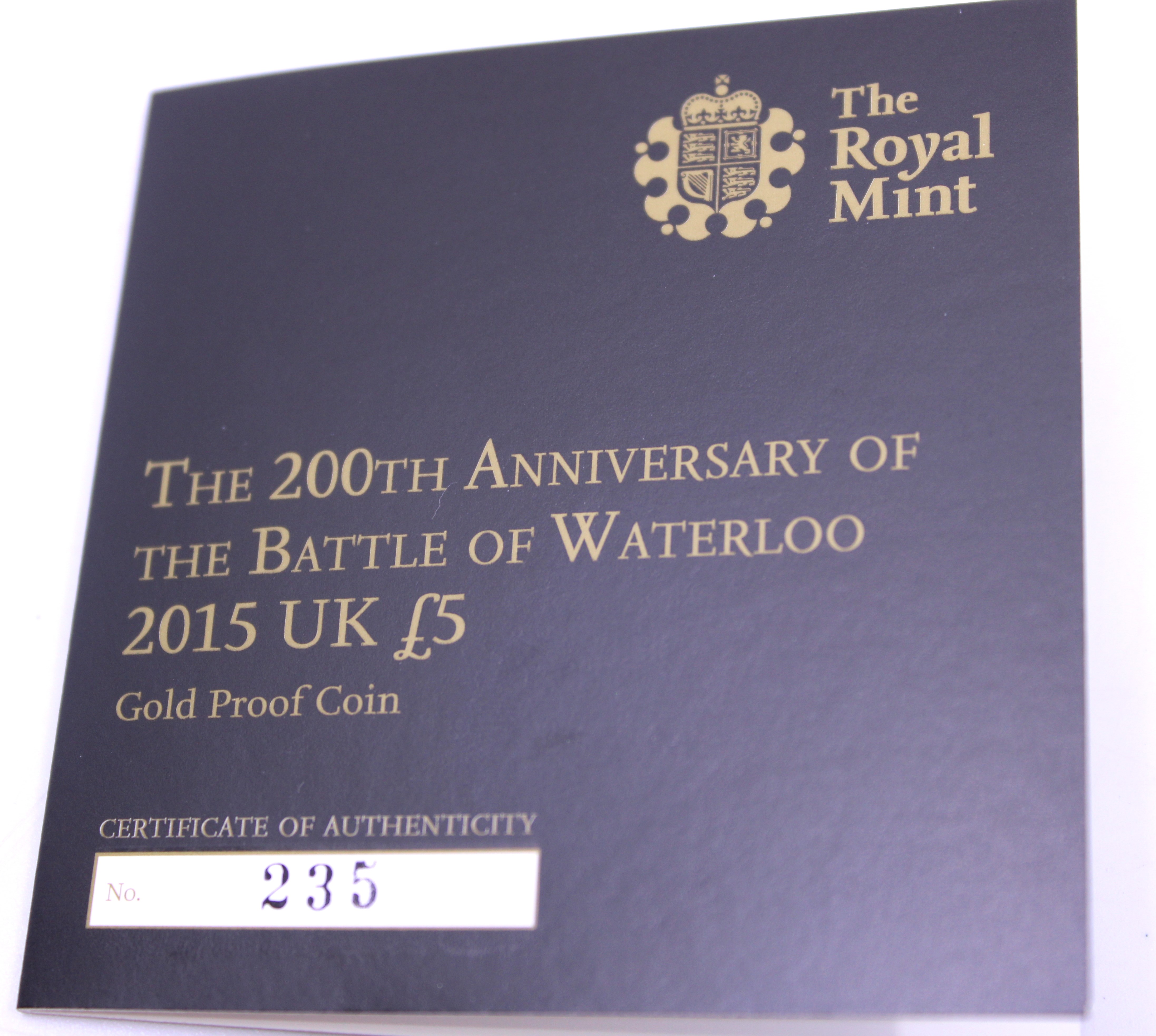 The Royal Mint The 200th Anniversary of the Battle of Waterloo 2015 UK £5 Gold Proof Coin. Boxed - Image 3 of 3