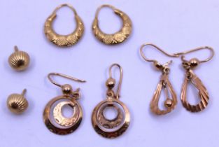 Three pairs of 9ct Yellow Gold Earrings.  The 9ct Yellow Gold studs are missing butterfly backs.