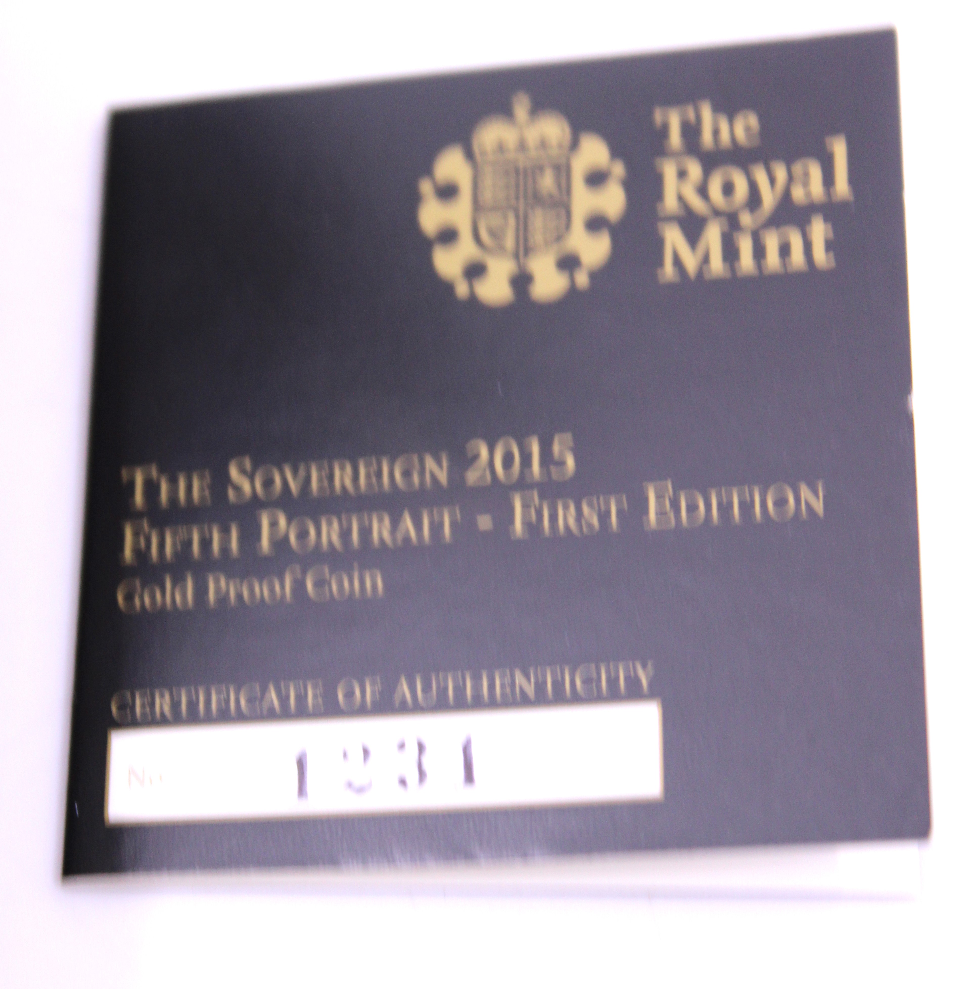 The Royal Mint The Sovereign 2015 Fifth Portrait- First Edition Gold Proof Coin. Boxed with - Image 3 of 3