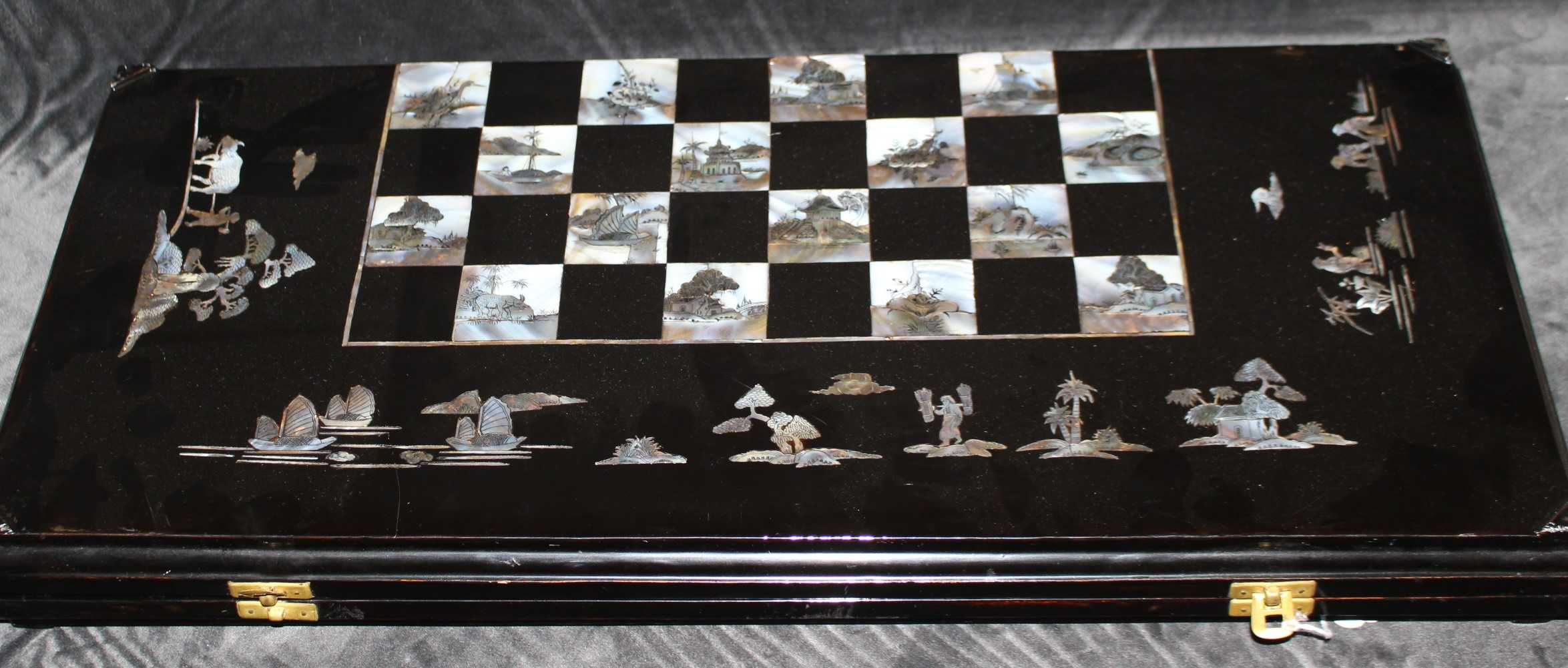 Rare Early 20th Century Vietnamese Black Lacquer, Mother of Pearl and Abalone Shell Games Board.  To - Image 3 of 3