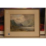 A watercolour of a mountain lake scene by J Gresley. Frame: 55cm by 44cm. (1)