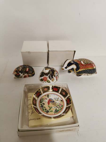 Royal Crown Derby English bone china paperweights; 'Mole' 'Catnip Kitten' 'Moonlight Badger'