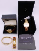 Four Quartz watches.  To include a Bulova Gold Plated Diamond Set bracelet watch RRP £199.00