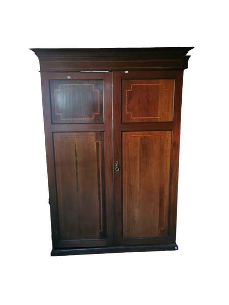 A large Edwardian mahogany inlaid double wardrobe fitted on one side with drawers. 220cm high, 130cm