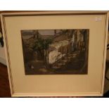 W A Stewart Rustic cottages with woman drying washing, signed and dated 1904, watercolour heightened