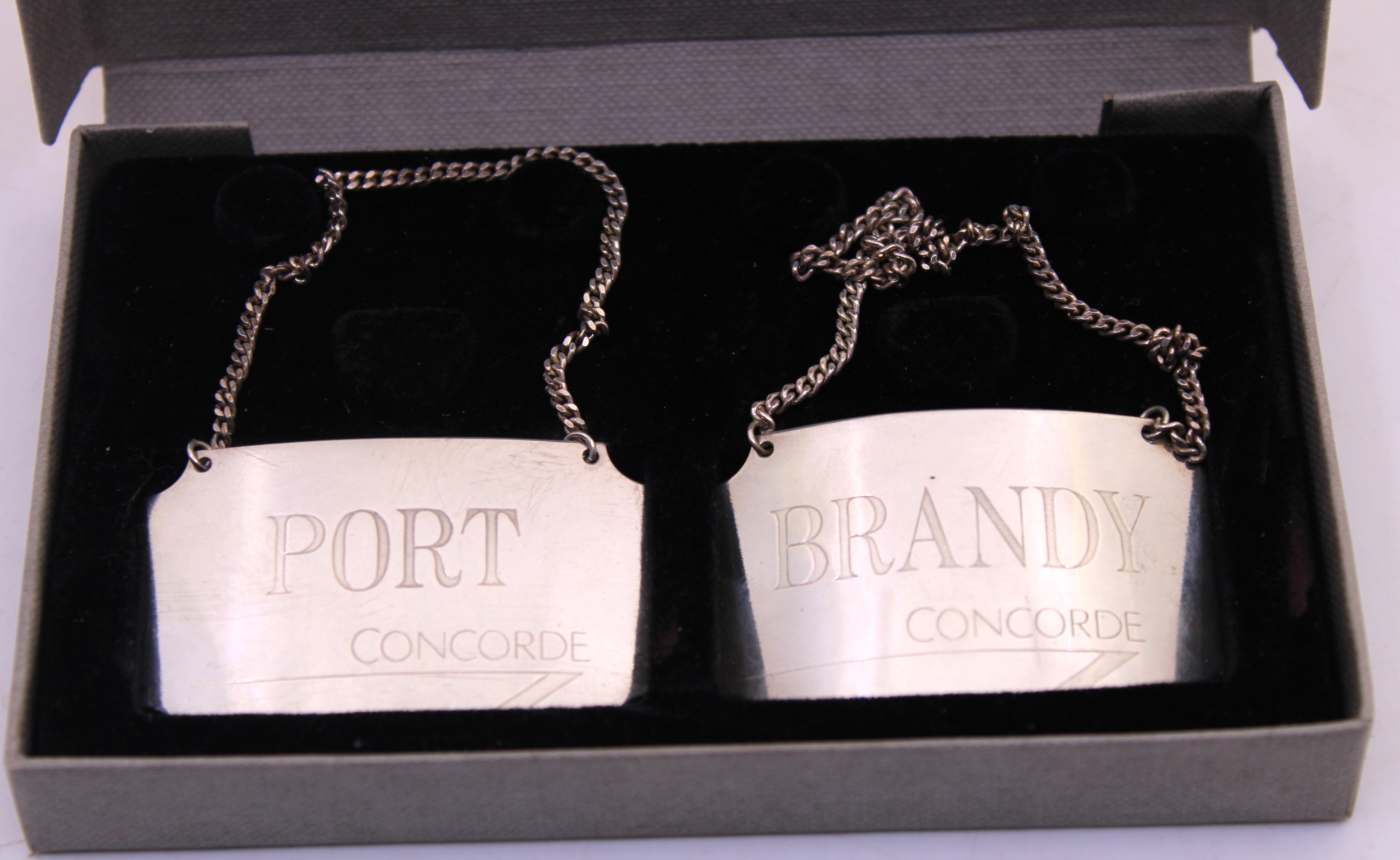 Concorde Port & Brandy Decanter Sterling Silver Labels.  They measure approx. 2 inches length x 1
