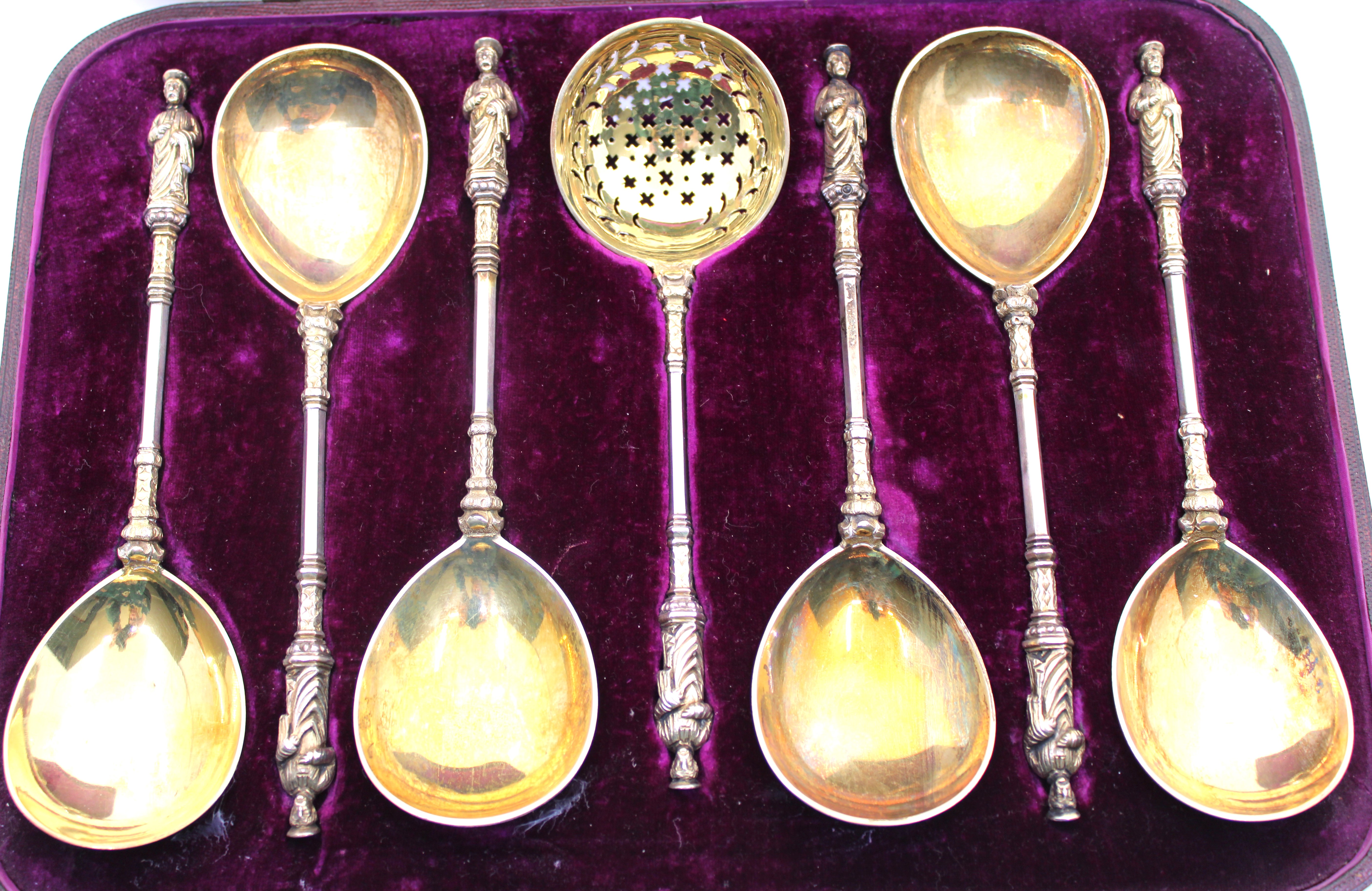 Six Victorian Sterling Silver-Gilt Apostle Spoons and a Sifter Spoon.  They are hallmarked with - Image 2 of 4
