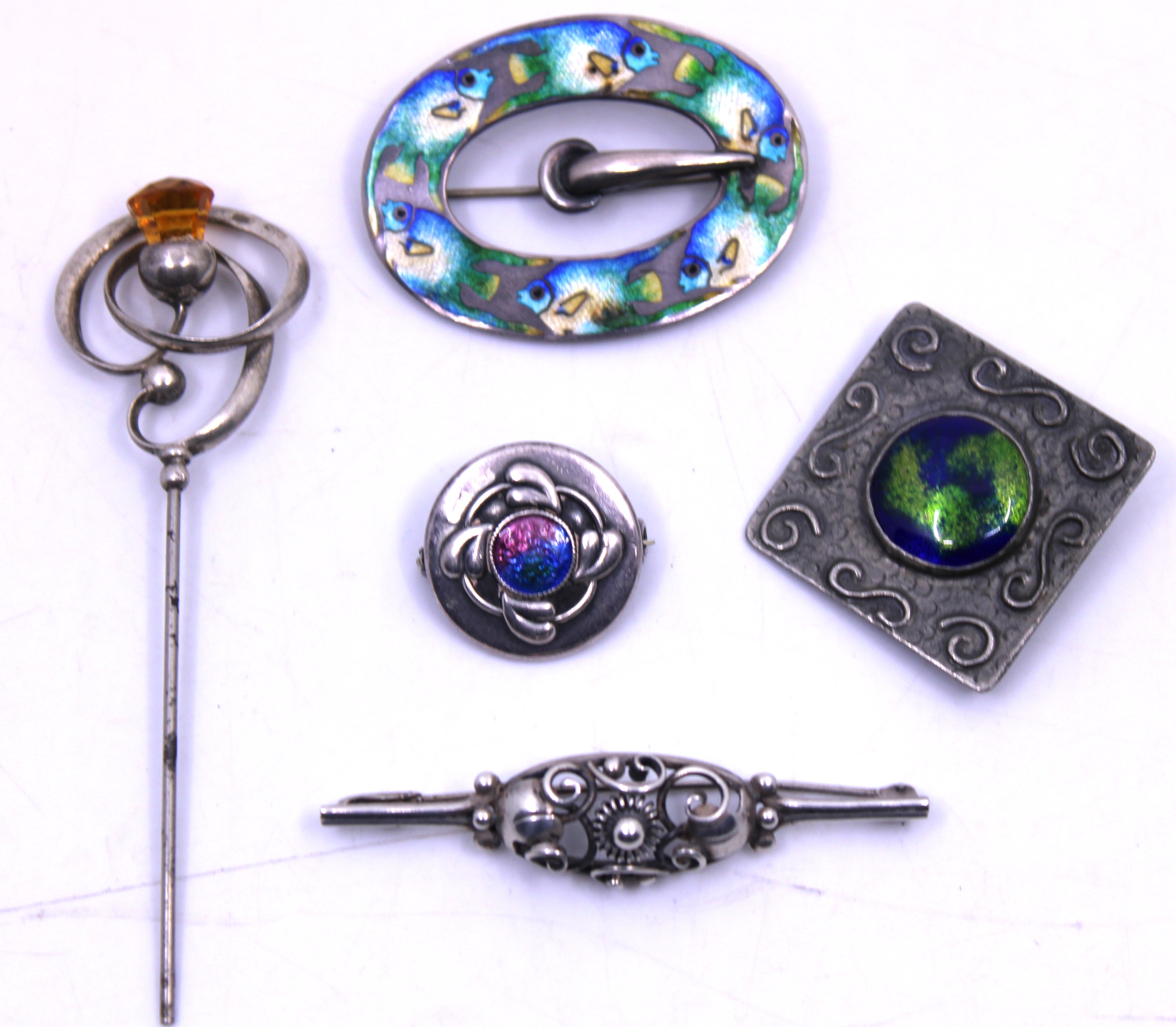 Selection of Arts & Crafts and Art Nouveau Sterling Silver Jewellery. To include a Ruskin Style Blue