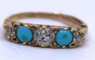 Unmarked Yellow Metal Turquoise & Old European Cut Diamond ring. Comes with a 9ct Gold ring spacer.