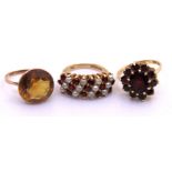 Group of three 9ct Gold dress rings.  To include a 9ct Gold Garnet Cluster ring, a 9ct Gold Cultured