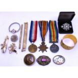 Selection of Three World War One (WW1) Medals and a selection of Costume Jewellery.  The WW1
