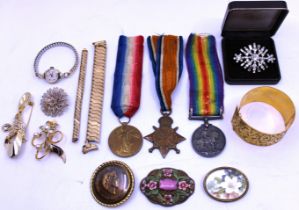 Selection of Three World War One (WW1) Medals and a selection of Costume Jewellery.  The WW1