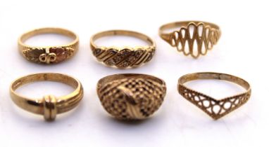 Selection of Six 9ct Gold Dress Rings.  Ring Sizes are: O, L, R, P, M, P. Total weight of the