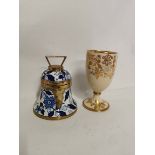 A blue and white pottery Taylor Tunnicliffe bell form biscuit barrel with brass mounts and hinged