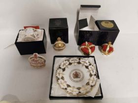 A collection of Royal Crown Derby bone china porcelain pieces to include; Queen Elizabeth 70th