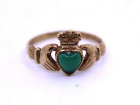 9ct Yellow Gold Heart Shaped Chrysoprase Claddagh Ring.  Ring Size N.  Total gross weight of the