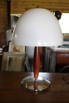 Designer table lamp with Glass shade chrome & wooden base.