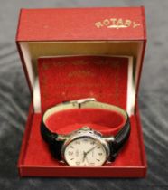 Rotary Automatic Watch with black leather strap. Comes with Original box and International