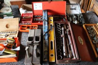 Large selection of hand tools to include socket sets wood planes spirit levels etc