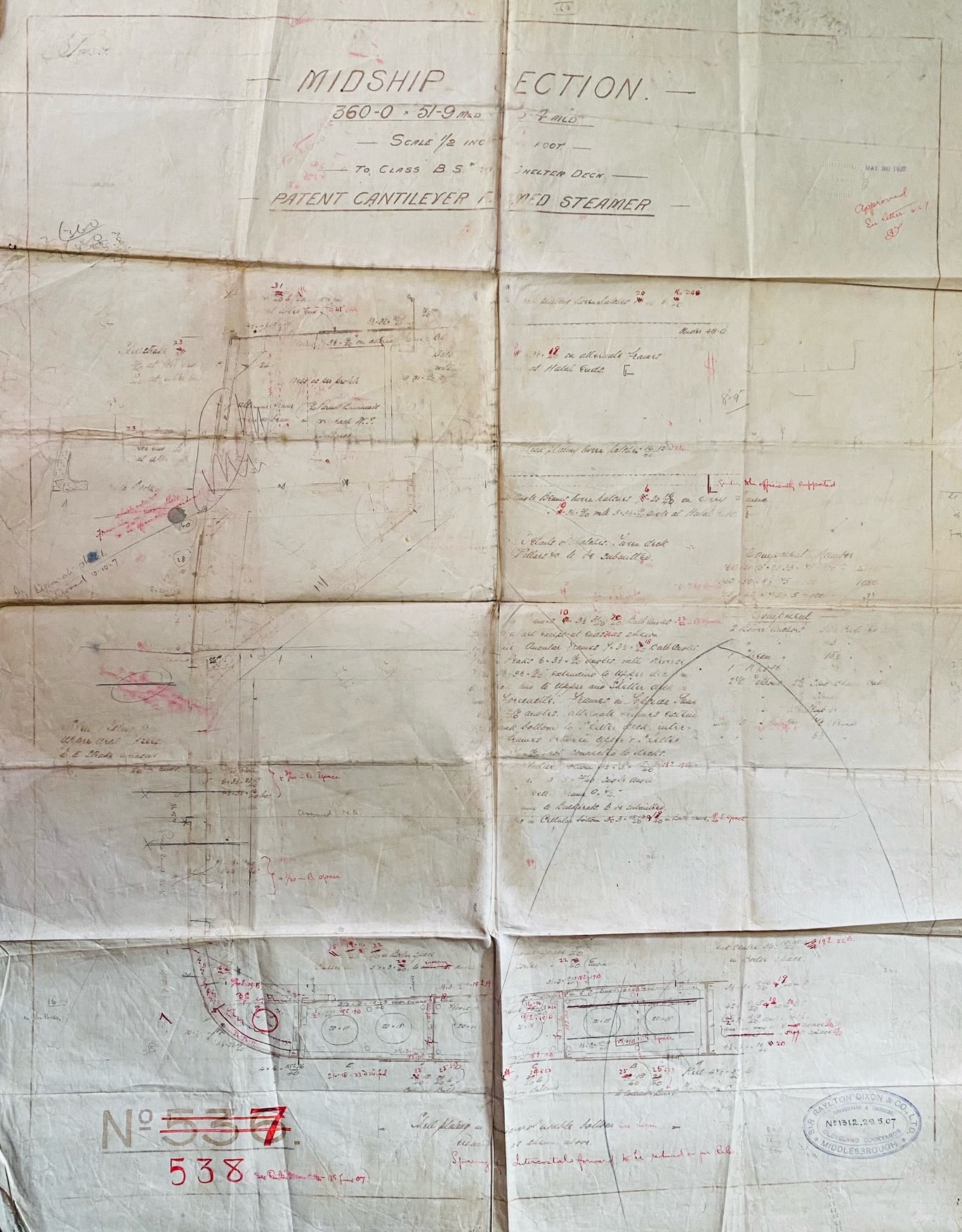 A manuscript plan of the midship section of a patent cantilever framed steamer, by Sir Raylton Dixon