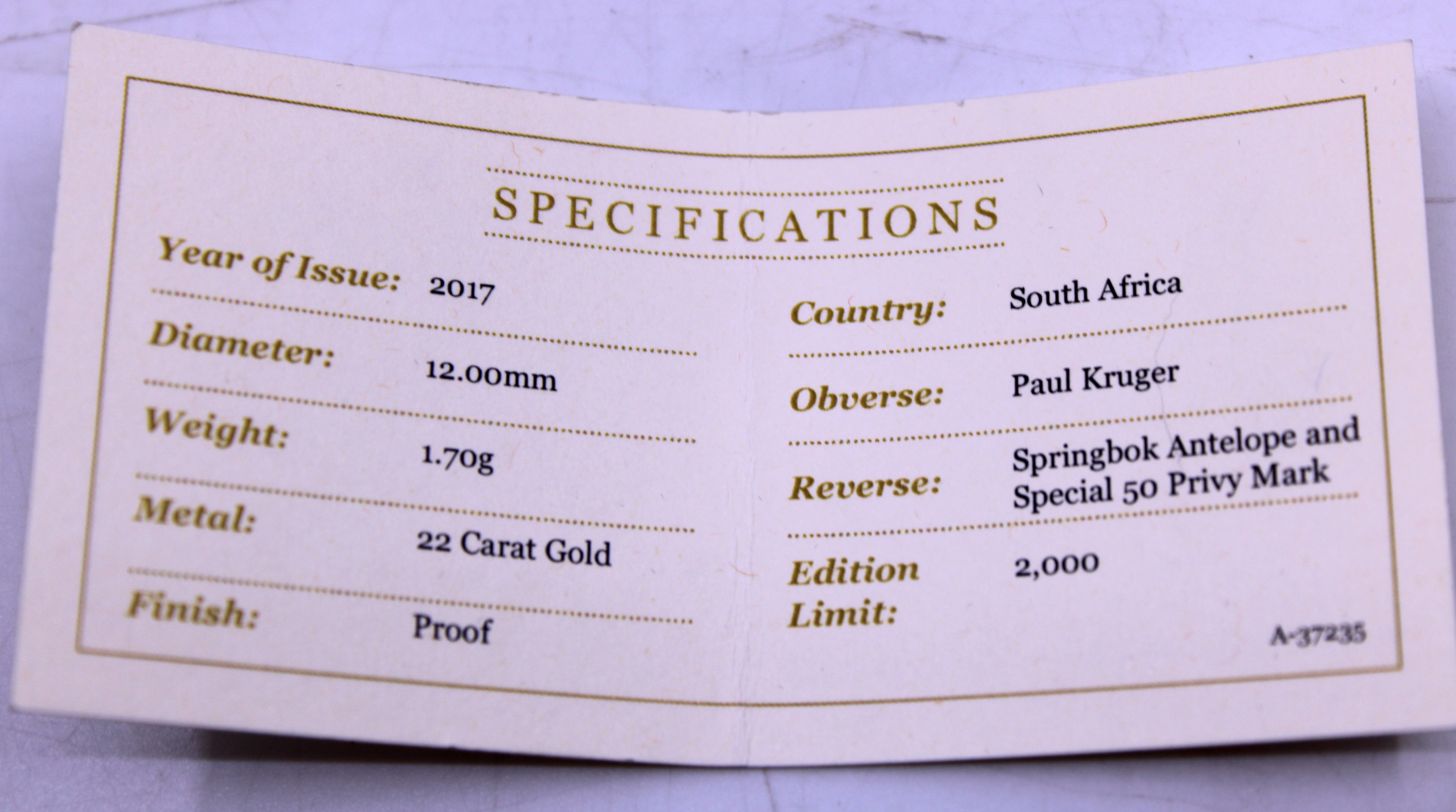 South Africa 2017 1/20 Krugerand Limited Edition of 2,000. Boxed.  Comes with Certificate of - Image 3 of 5
