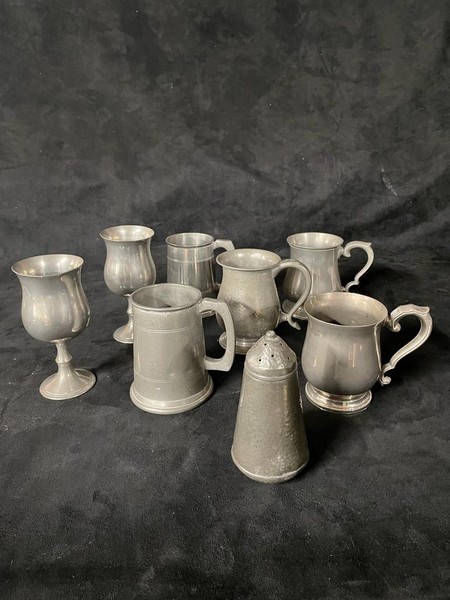 5 pewter tankards, 2 goblets and a hammered shaker