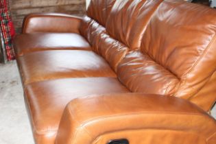 3 seater Tan leather retro style reclining sofa (outer 2 seats recline) small signs of normal use