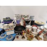 A collection of ceramics to include Wedgwood Jasperware (Black and white, Blue and white, Green