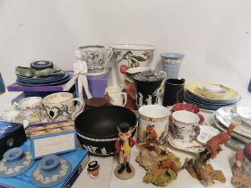 A collection of ceramics to include Wedgwood Jasperware (Black and white, Blue and white, Green