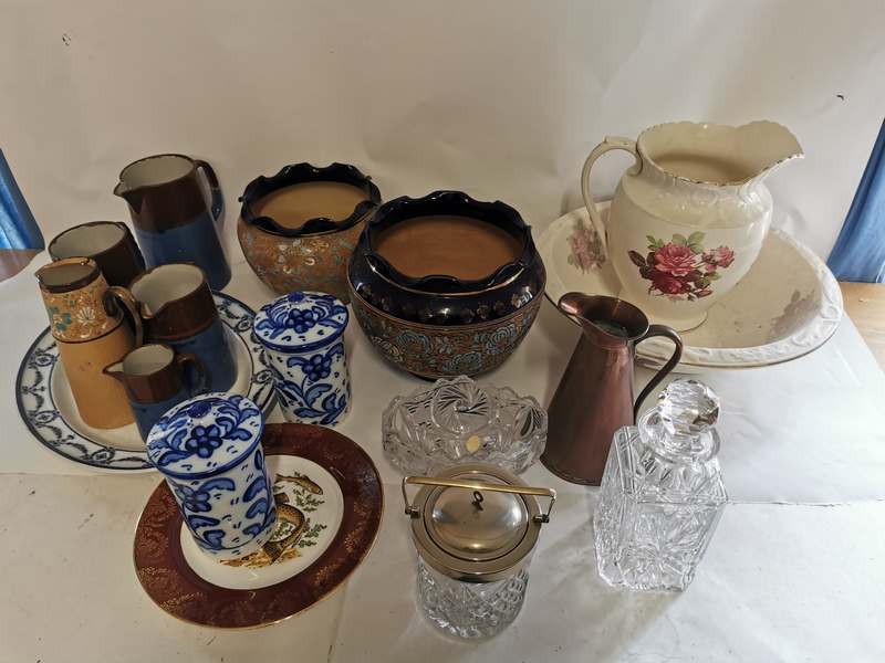 A collection of ceramics and glass to include; 2 Doulton jardinieres (AF), a Doulton Jug,