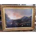 A large mid 19th century oil on canvas landscape painting of two children sat by a mountain