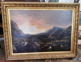 A large mid 19th century oil on canvas landscape painting of two children sat by a mountain