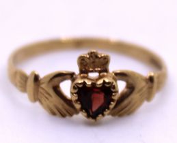 9ct Yellow Gold Heart Shaped Garnet Claddagh Ring.  Ring Size N 1/2.  Total gross weight of the ring