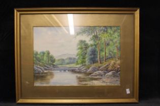 Arthur Dean River landscapes, signed watercolour, a pair, 31.5cm x 46cm and Arthur Dean Shipping off