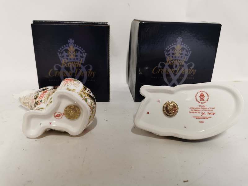 A Royal Crown Derby Imari Polar Bear paperweight together with A Thistle Donkey Paperweight. (2) - Image 2 of 2