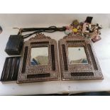 A pair of mother of pearl inlaid Islamic art mirrors, some damage to decoration, over all each