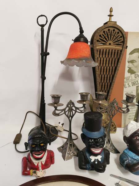 Various metal wares to include 3 reproduction ethnic character cast iron money boxes, an antique - Image 3 of 3