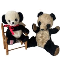 Vintage Teddy bears, to include a well-loved Chiltern 1950 (no label) 12” panda in mohair with