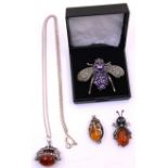 Selection of Sterling Silver Jewellery.  To include a Silver Amethyst and Marcasite Bee/Bug