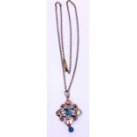 Art Nouveau 9ct Rose Gold Aquamarine? Pendant on an Unmarked Yellow Metal Chain.  The pendant