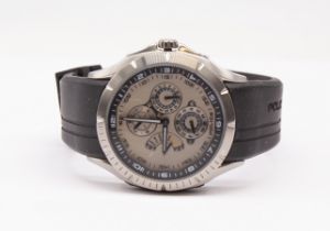 Mens Police 1142SJ chronograph watch with black rubber strap boxed.  The watch has a light