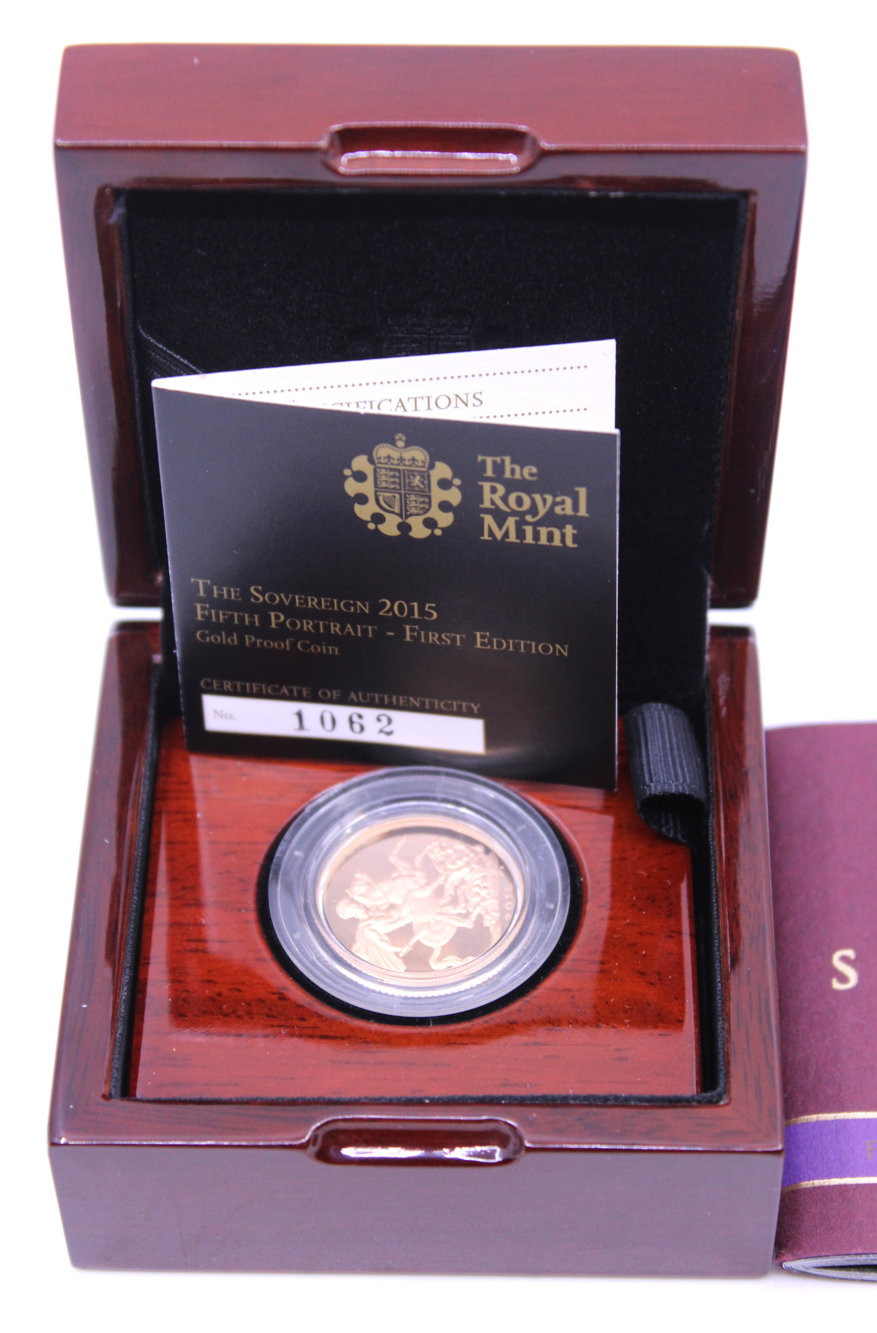 The Royal Mint The Sovereign 2015 Fifth Portrait- First Edition Gold Proof Coin. Boxed with