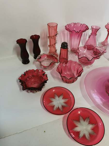 A collection of Victorian and later cranberry glass items, to include; vases, dishes, salts etc.  ( - Image 2 of 3