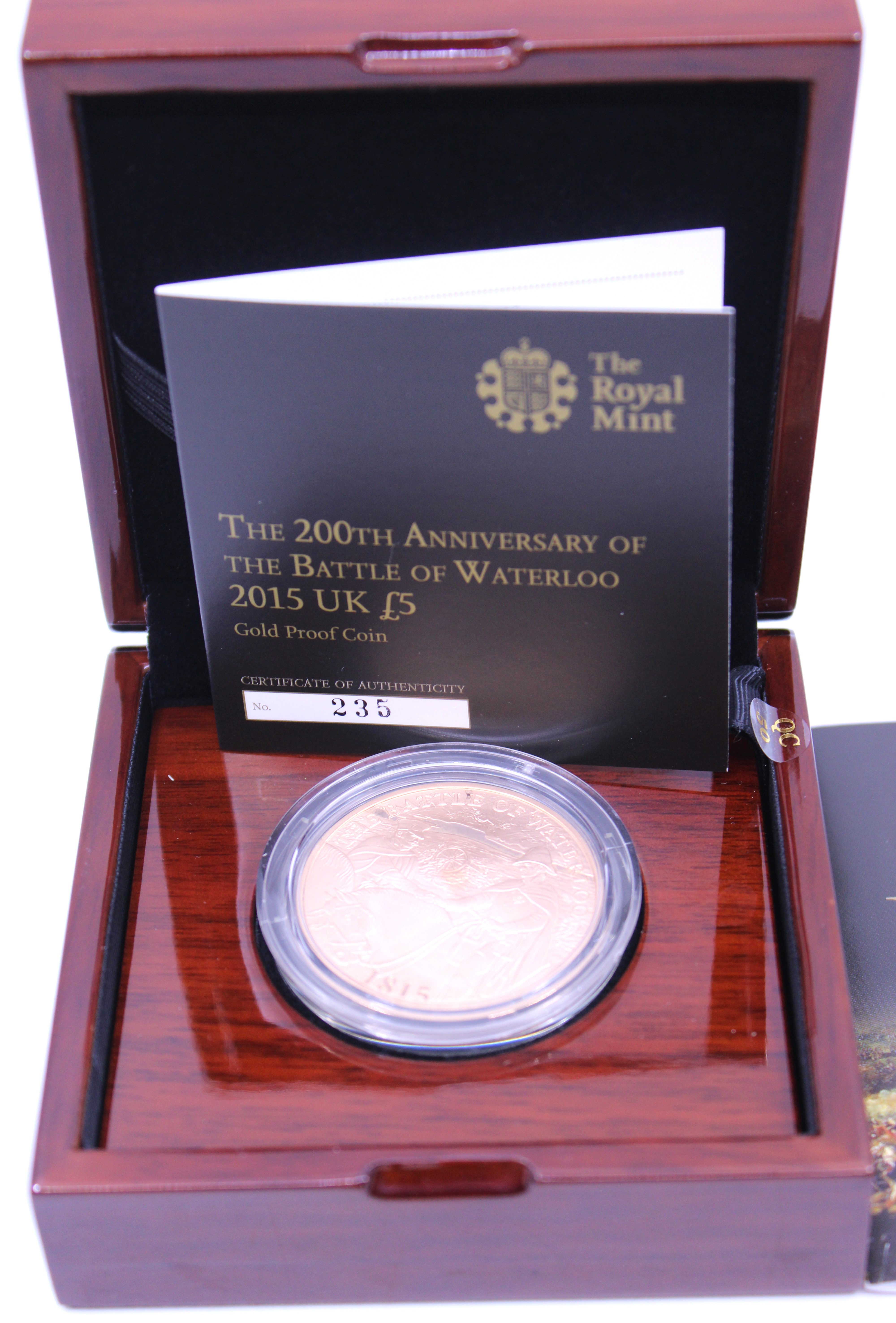 The Royal Mint The 200th Anniversary of the Battle of Waterloo 2015 UK £5 Gold Proof Coin. Boxed