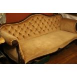 Victorian pink sofa, scrolled arms with carved detail cariole legs and claw feet 210 cms wide.
