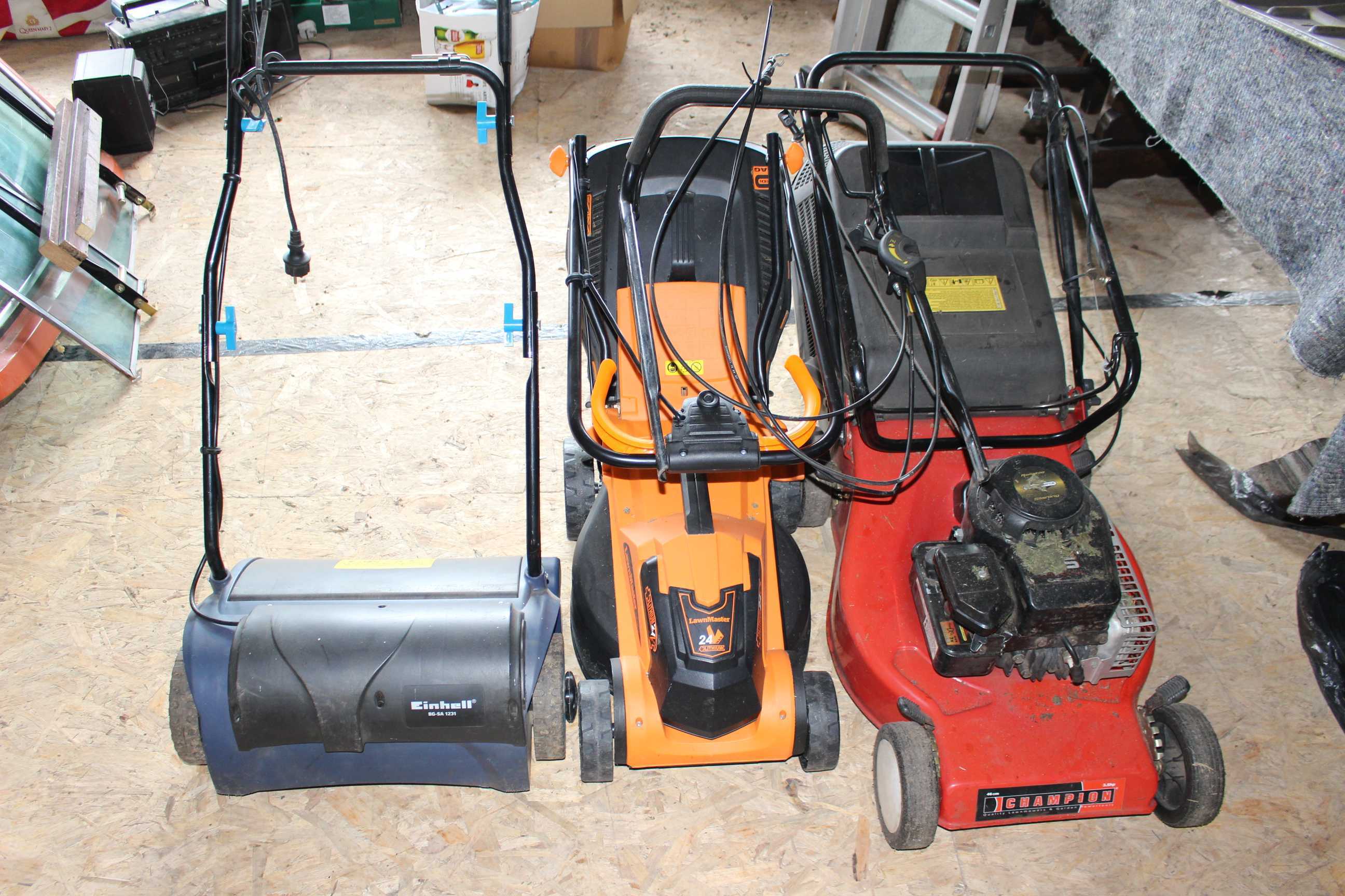 2 x garden Mowers & 1 x lawn rake, all sold as untested.